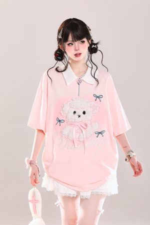 Cute Cartoon Puppy Polo Collar Short-Sleeve T-Shirt for Girls - Summer Casual Loose Fit Top, Adorable Y2K Style