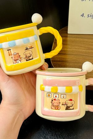 Cute Cat Ceramic Mug with Lid - Adorable Coffee Cup for Girls, Office Use, Perfect Birthday Gift, Trendy 2025 Design