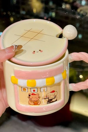Cute Cat Ceramic Mug with Lid - Adorable Coffee Cup for Girls, Office Use, Perfect Birthday Gift, Trendy 2025 Design