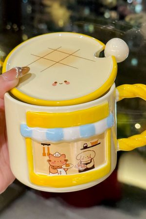 Cute Cat Ceramic Mug with Lid - Adorable Coffee Cup for Girls, Office Use, Perfect Birthday Gift, Trendy 2025 Design