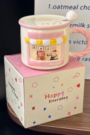 Cute Cat Ceramic Mug with Lid - Adorable Coffee Cup for Girls, Office Use, Perfect Birthday Gift, Trendy 2025 Design