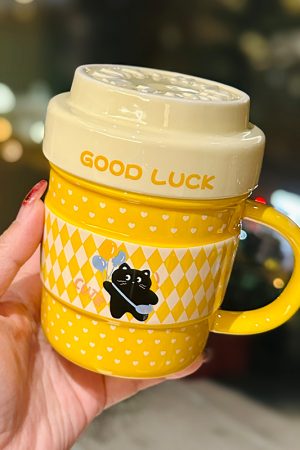 Cute Ceramic Water Cup with Lid, Girly Heart Mug for Iced Americano & Breakfast Milk, Ideal for Coffee Lovers