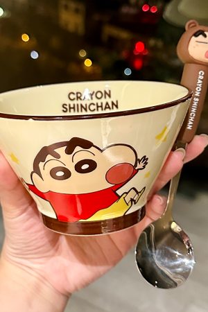 Cute Conical Hat Ceramic Rice Bowl for Kids - 2025 New Model, Adorable Crayon Shin-chan Design, Perfect Noodle Bowl for Children