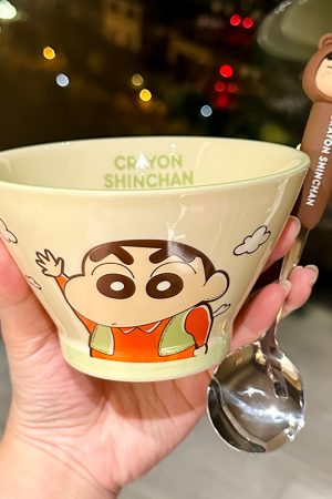 Cute Conical Hat Ceramic Rice Bowl for Kids - 2025 New Model, Adorable Crayon Shin-chan Design, Perfect Noodle Bowl for Children