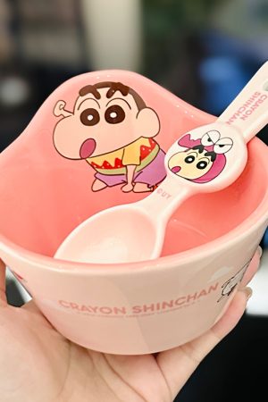 Cute Crayon Shin-chan Ceramic Tableware Set for Kids - One-Person Meal Bowl, Plate, and Milk Cup - Perfect for Breakfast