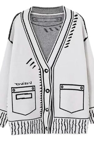 Cute Everyday Outfits, Outfit Inspo Casual 2D Cartoon Outline Knitted Cardigan