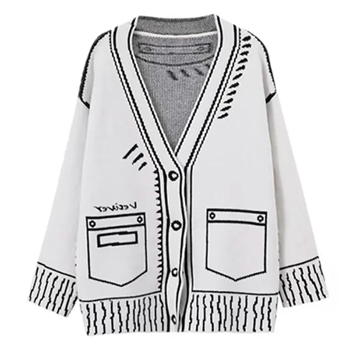 Cute Everyday Outfits, Outfit Inspo Casual 2D Cartoon Outline Knitted Cardigan