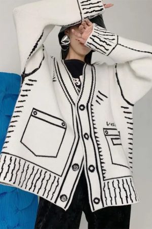 Cute Everyday Outfits, Outfit Inspo Casual 2D Cartoon Outline Knitted Cardigan