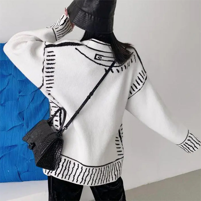 Cute Everyday Outfits, Outfit Inspo Casual 2D Cartoon Outline Knitted Cardigan Cute Everyday Outfits, Outfit Inspo Casual 2D Cartoon Outline Knitted Cardigan