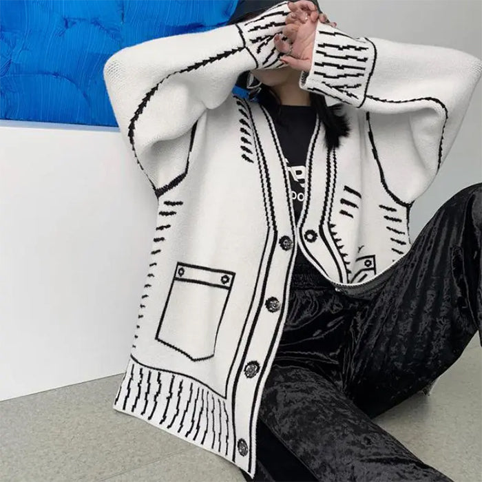 Cute Everyday Outfits, Outfit Inspo Casual 2D Cartoon Outline Knitted Cardigan Cute Everyday Outfits, Outfit Inspo Casual 2D Cartoon Outline Knitted Cardigan