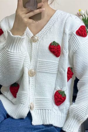 Cute Everyday Outfits, Outfit Inspo Casual 3D Strawberry Pattern Cardigan