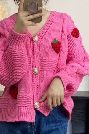 Cute Everyday Outfits, Outfit Inspo Casual 3D Strawberry Pattern Cardigan