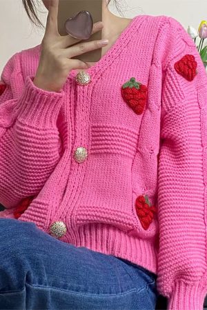 Cute Everyday Outfits, Outfit Inspo Casual 3D Strawberry Pattern Cardigan