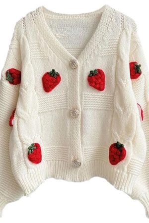 Cute Everyday Outfits, Outfit Inspo Casual 3D Strawberry Pattern Cardigan