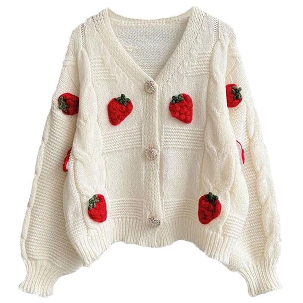 Cute Everyday Outfits, Outfit Inspo Casual 3D Strawberry Pattern Cardigan