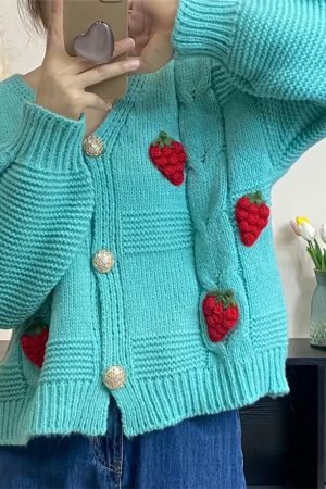 Cute Everyday Outfits, Outfit Inspo Casual 3D Strawberry Pattern Cardigan