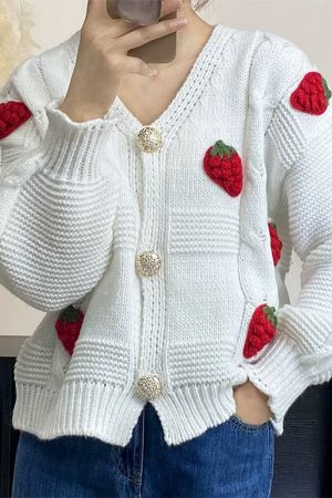 Cute Everyday Outfits, Outfit Inspo Casual 3D Strawberry Pattern Cardigan