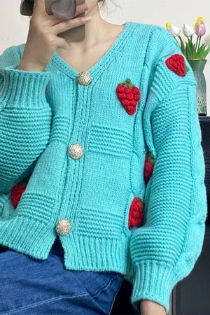 Cute Everyday Outfits, Outfit Inspo Casual 3D Strawberry Pattern Cardigan