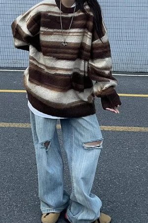 Cute Everyday Outfits, Outfit Inspo Casual 90's Aesthetic Striped Knit Sweater