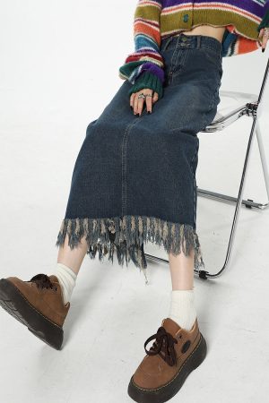 Cute Everyday Outfits, Outfit Inspo Casual Aesthetic Long Denim Fringe Skirt