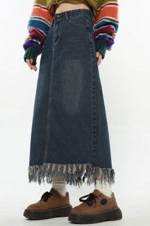 Cute Everyday Outfits, Outfit Inspo Casual Aesthetic Long Denim Fringe Skirt