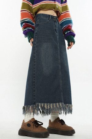Cute Everyday Outfits, Outfit Inspo Casual Aesthetic Long Denim Fringe Skirt