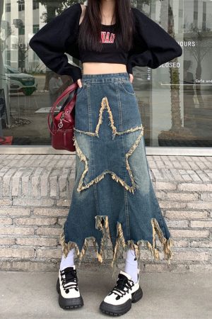 Cute Everyday Outfits, Outfit Inspo Casual Aesthetic Star Long Denim Skirt