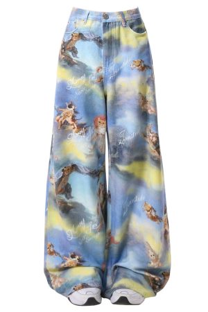 Cute Everyday Outfits, Outfit Inspo Casual Angel Cat Print Wide-Leg Pants