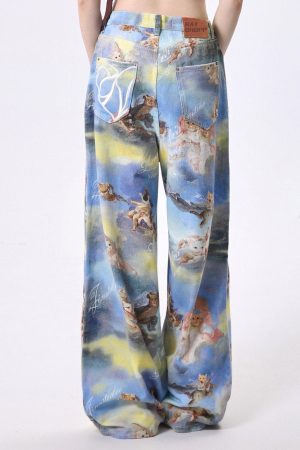 Cute Everyday Outfits, Outfit Inspo Casual Angel Cat Print Wide-Leg Pants