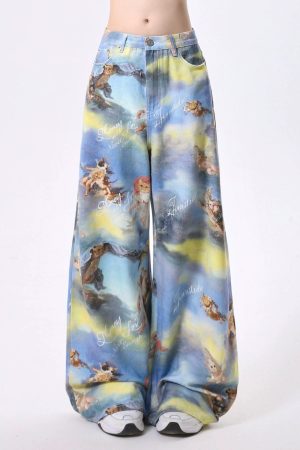 Cute Everyday Outfits, Outfit Inspo Casual Angel Cat Print Wide-Leg Pants