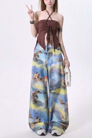 Cute Everyday Outfits, Outfit Inspo Casual Angel Cat Print Wide-Leg Pants