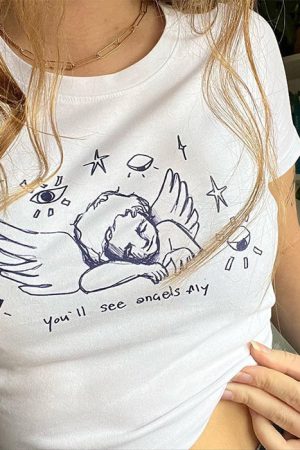 Cute Everyday Outfits, Outfit Inspo Casual Angel Print Crop Top