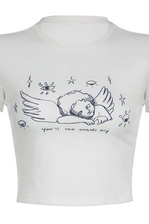 Cute Everyday Outfits, Outfit Inspo Casual Angel Print Crop Top