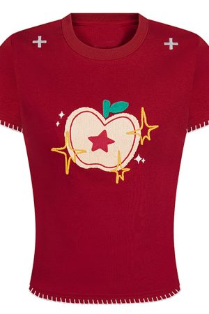 Cute Everyday Outfits, Outfit Inspo Casual Apple Embroidered T-Shirt