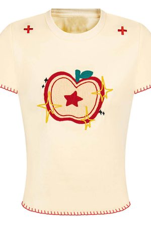 Cute Everyday Outfits, Outfit Inspo Casual Apple Embroidered T-Shirt