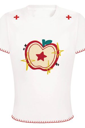 Cute Everyday Outfits, Outfit Inspo Casual Apple Embroidered T-Shirt