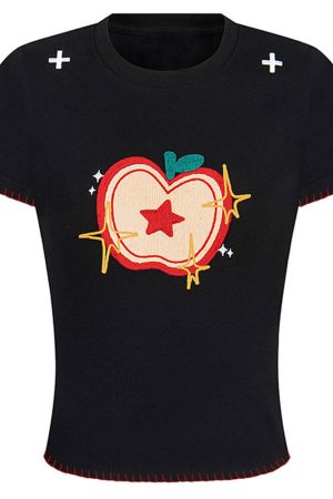 Cute Everyday Outfits, Outfit Inspo Casual Apple Embroidered T-Shirt