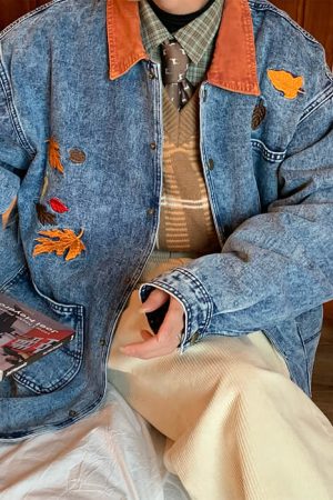 Cute Everyday Outfits, Outfit Inspo Casual Autumn Leaves Embroidery Denim Jacket