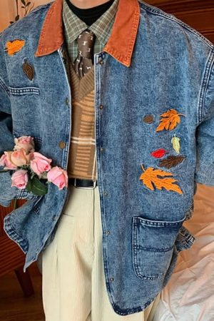 Cute Everyday Outfits, Outfit Inspo Casual Autumn Leaves Embroidery Denim Jacket