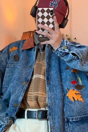 Cute Everyday Outfits, Outfit Inspo Casual Autumn Leaves Embroidery Denim Jacket
