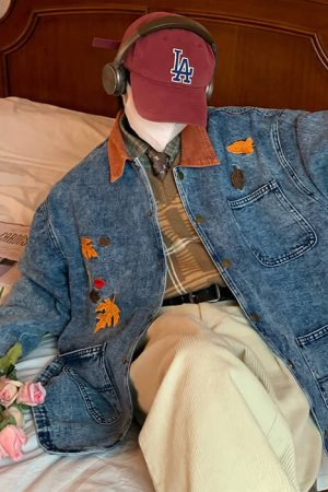 Cute Everyday Outfits, Outfit Inspo Casual Autumn Leaves Embroidery Denim Jacket