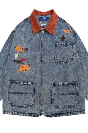 Cute Everyday Outfits, Outfit Inspo Casual Autumn Leaves Embroidery Denim Jacket
