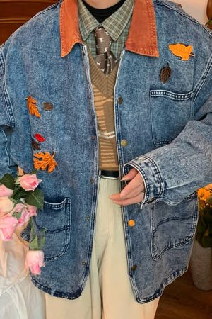 Cute Everyday Outfits, Outfit Inspo Casual Autumn Leaves Embroidery Denim Jacket
