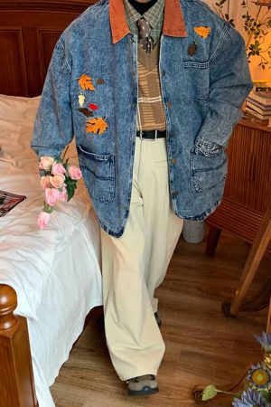 Cute Everyday Outfits, Outfit Inspo Casual Autumn Leaves Embroidery Denim Jacket
