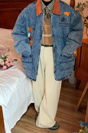 Cute Everyday Outfits, Outfit Inspo Casual Autumn Leaves Embroidery Denim Jacket