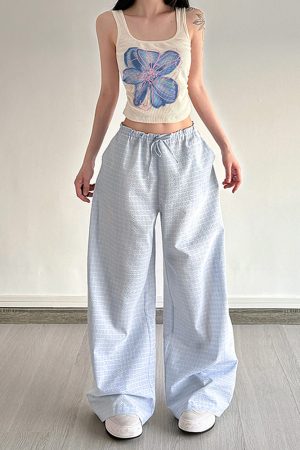Cute Everyday Outfits, Outfit Inspo Casual Baby Blue Gingham Wide-Leg Pants