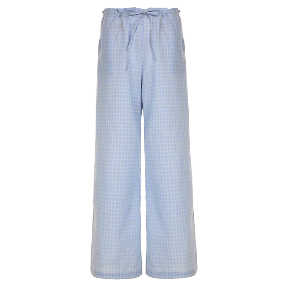 Cute Everyday Outfits, Outfit Inspo Casual Baby Blue Gingham Wide-Leg Pants