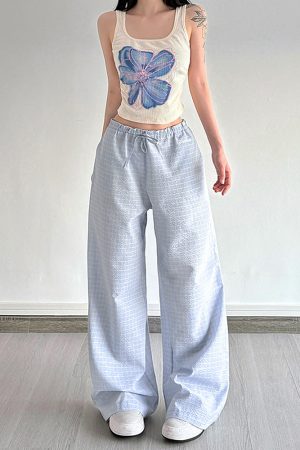 Cute Everyday Outfits, Outfit Inspo Casual Baby Blue Gingham Wide-Leg Pants