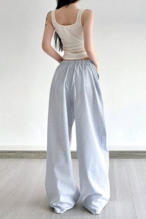 Cute Everyday Outfits, Outfit Inspo Casual Baby Blue Gingham Wide-Leg Pants