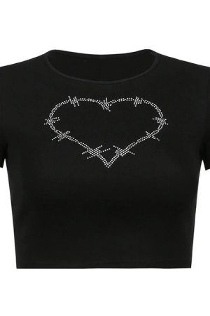 Cute Everyday Outfits, Outfit Inspo Casual Barbed Heart Rhinestone Crop Top